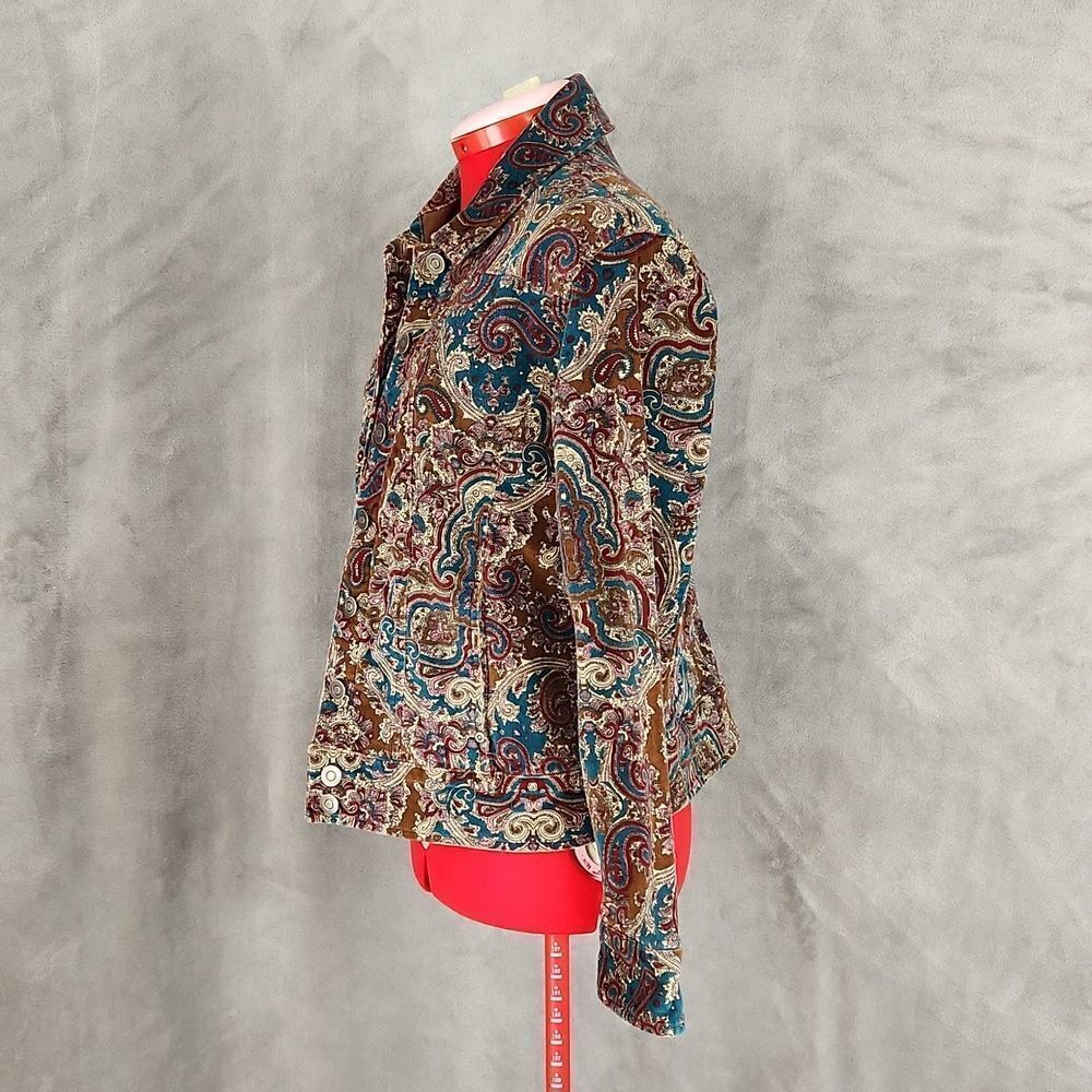 *Paisley Print Jacket Women’s Medium Brown Blue Button Front Stretch Blazer Boho - Picture 2 of 13